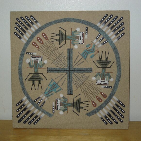 2 Navajo Native American Sand Painting Picture Yei Figure Rainbow Bar Vintage - Picture 2 of 6